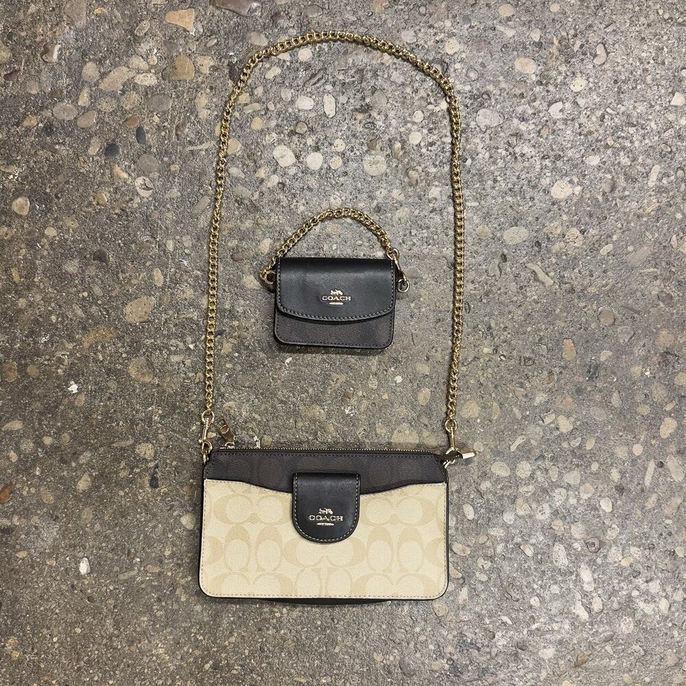 Coach Signature Canvas Black Leather Crossbody Bag + Mini Pouch Gold Chain Set - Picture 2 of 10